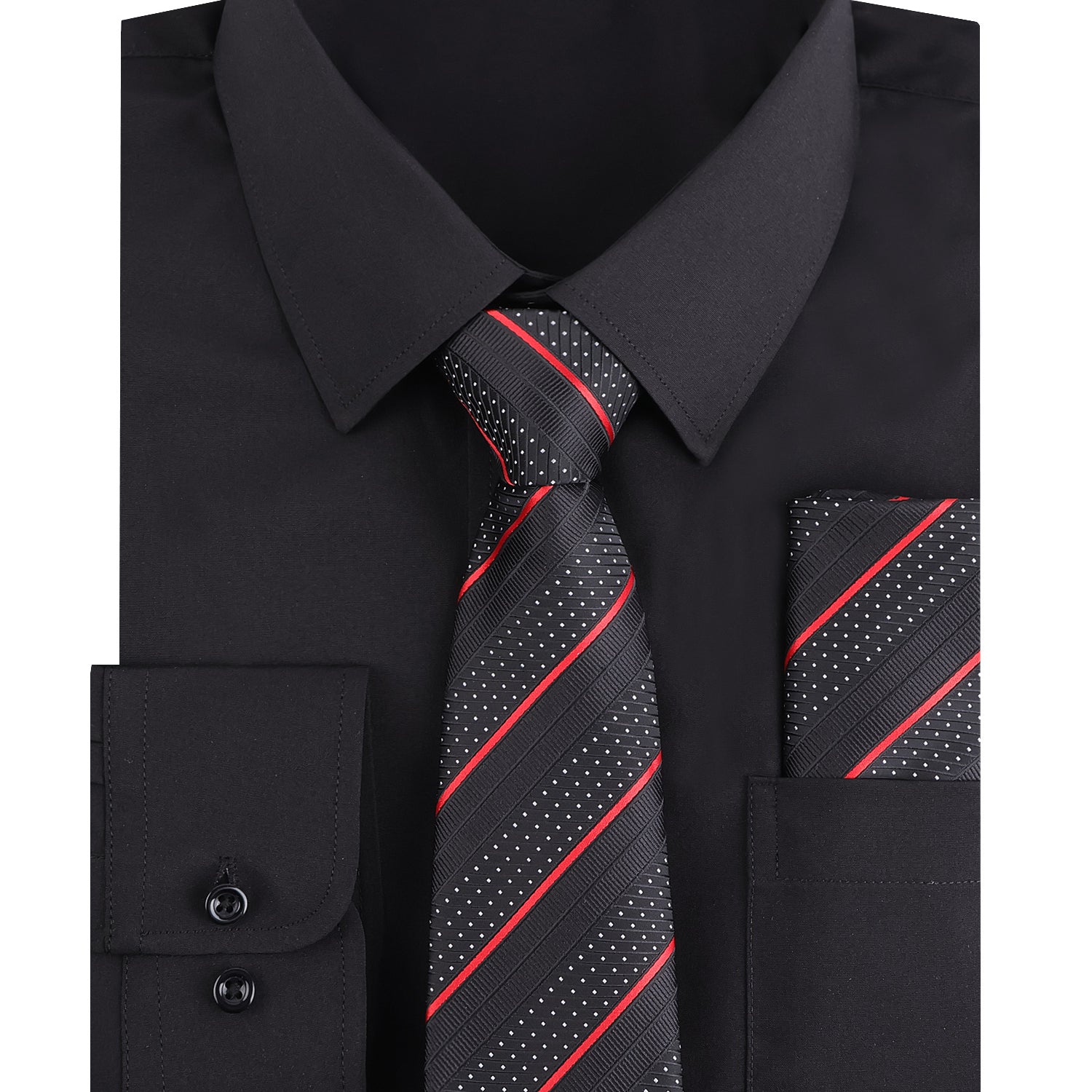 3pcs Black Series Mens Dress Shirt with Tie Pocket Square Set