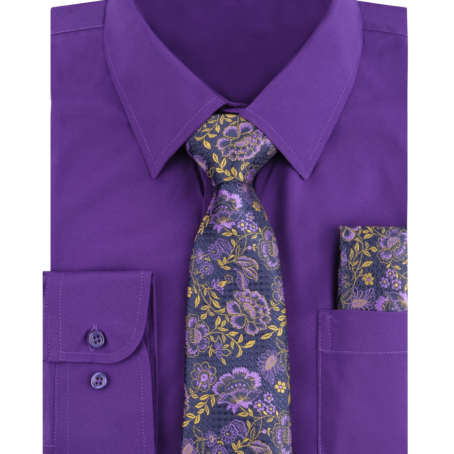 3pcs Purple Series Mens Dress Shirt with Tie Pocket Square Set
