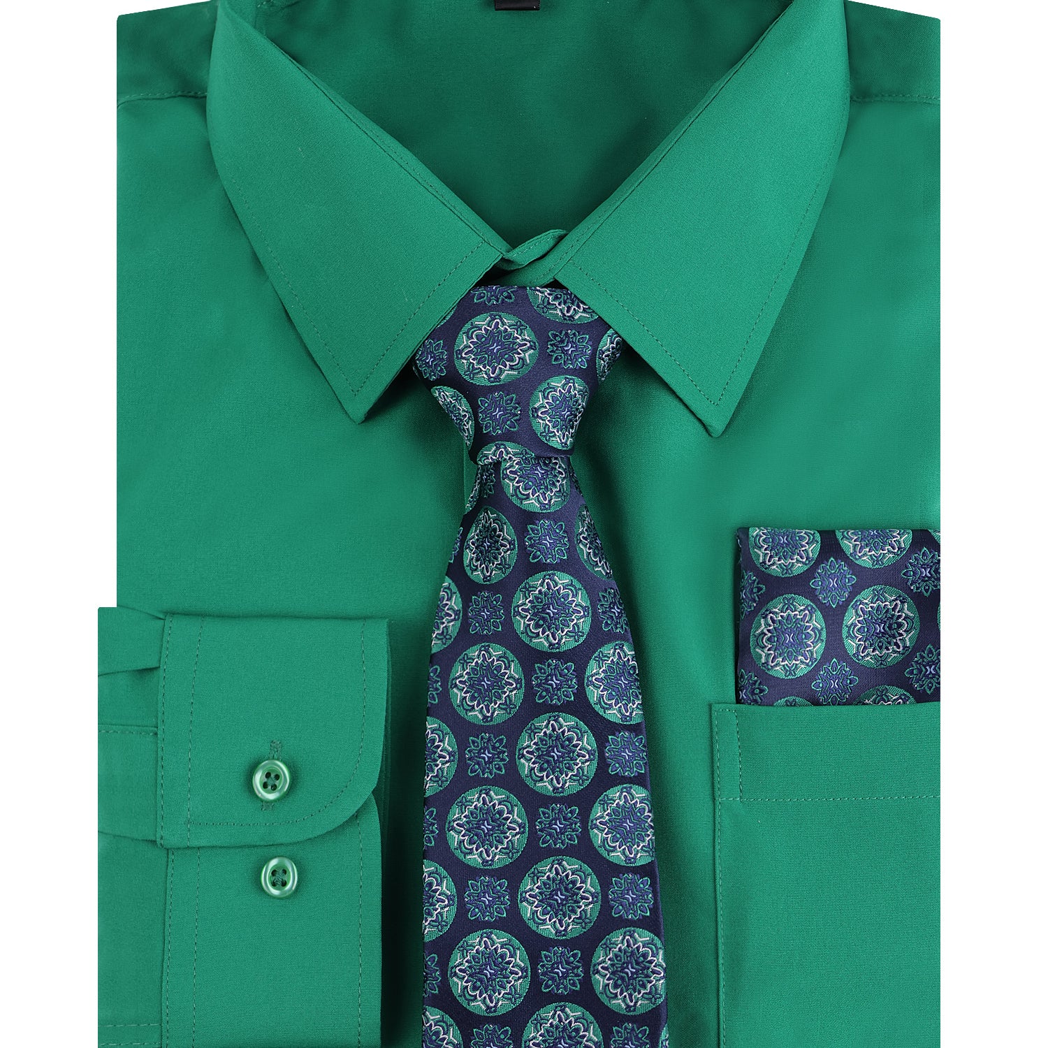 3pcs Green Series Mens Dress Shirt with Tie Pocket Square Set
