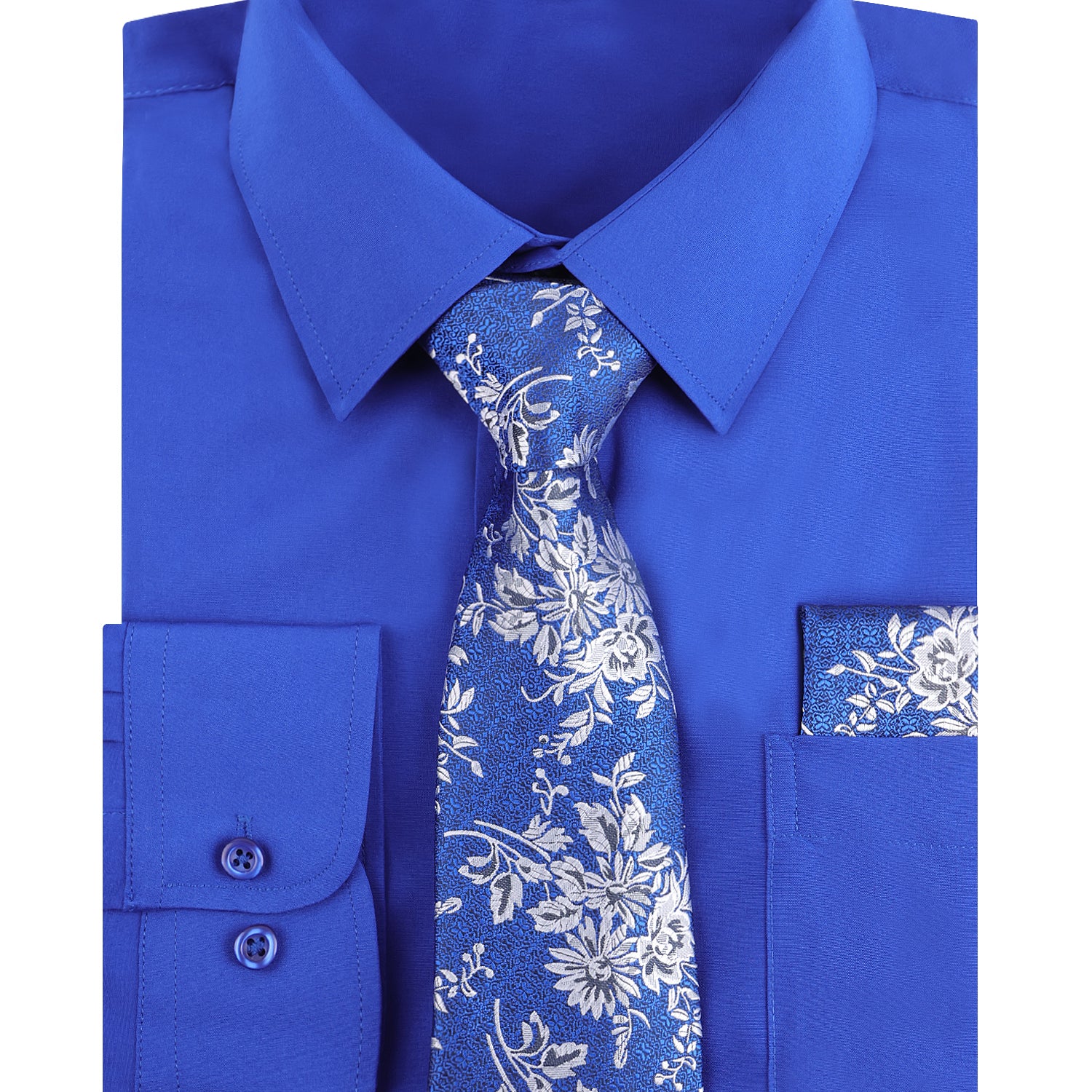 3pcs Blue Series Mens Dress Shirt with Tie Pocket Square Set