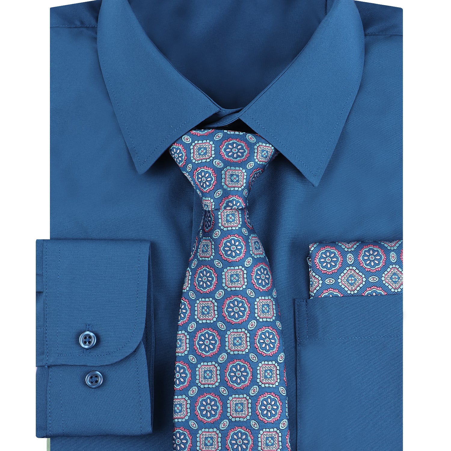 3pcs Blue Series Mens Dress Shirt with Tie Pocket Square Set