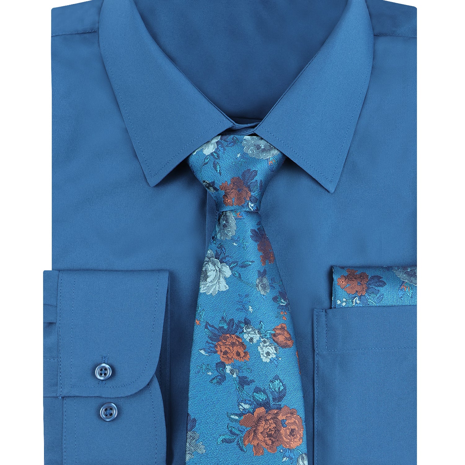 3pcs Blue Series Mens Dress Shirt with Tie Pocket Square Set