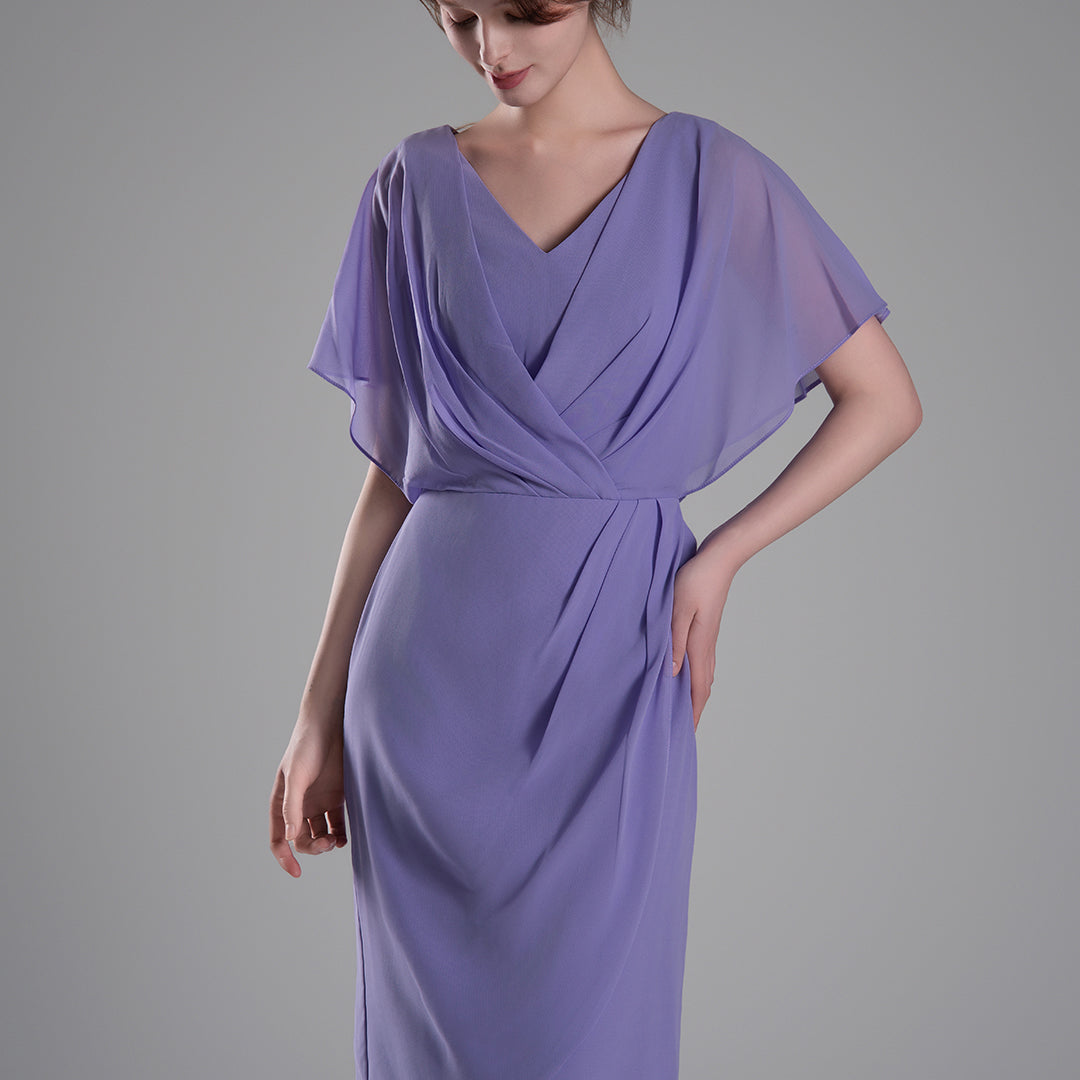 V-neck Pleated Cape Knee-length Dresses