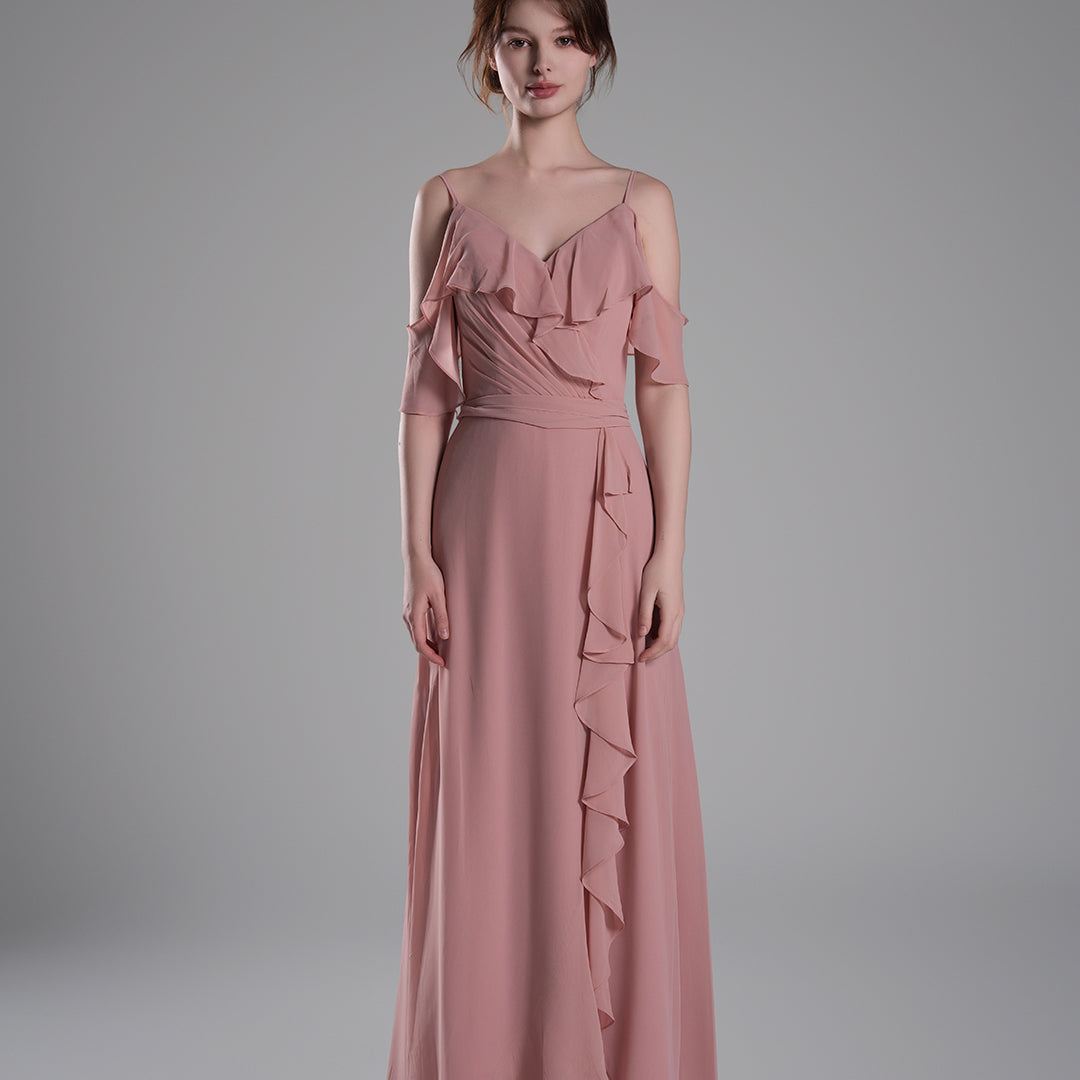 Adjustable Straps Ruffled Chiffon Long Dresses