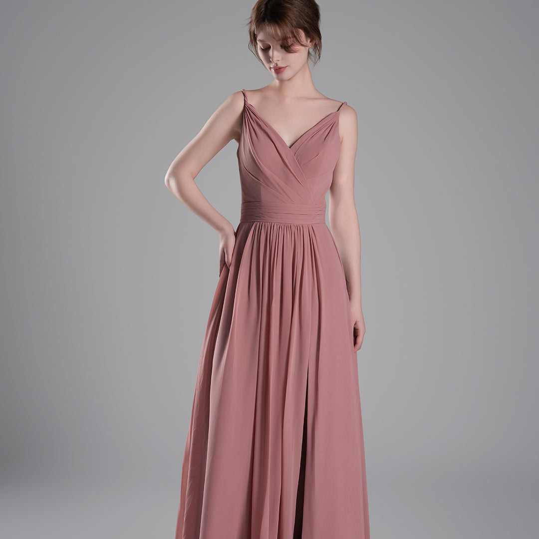 V-Neck Pleated Split A-Line Bridesmaid Dresses