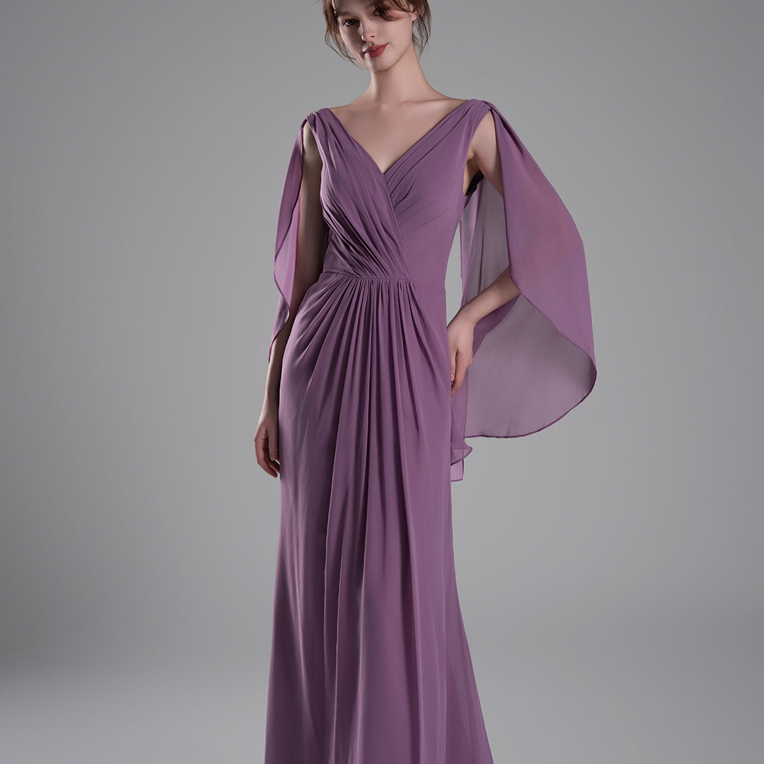 V-Neck Flowing Cape Sleeves Pleated Dress