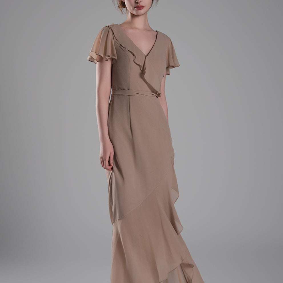 V-Neck Ruffled Detailing Pleated Patchwork Dresses