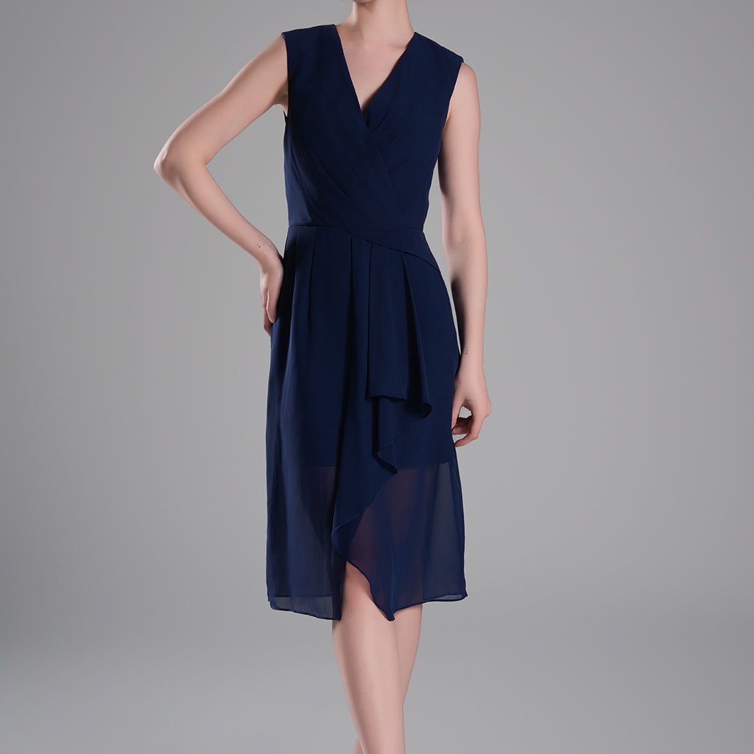 Sophisticated PleatedV-Neck Flared Hem Dress