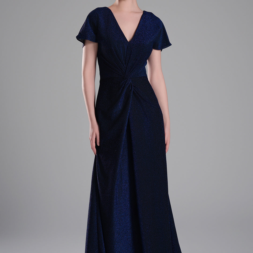 V- Neck Cap Sleeves Pleated Floor Length Dress