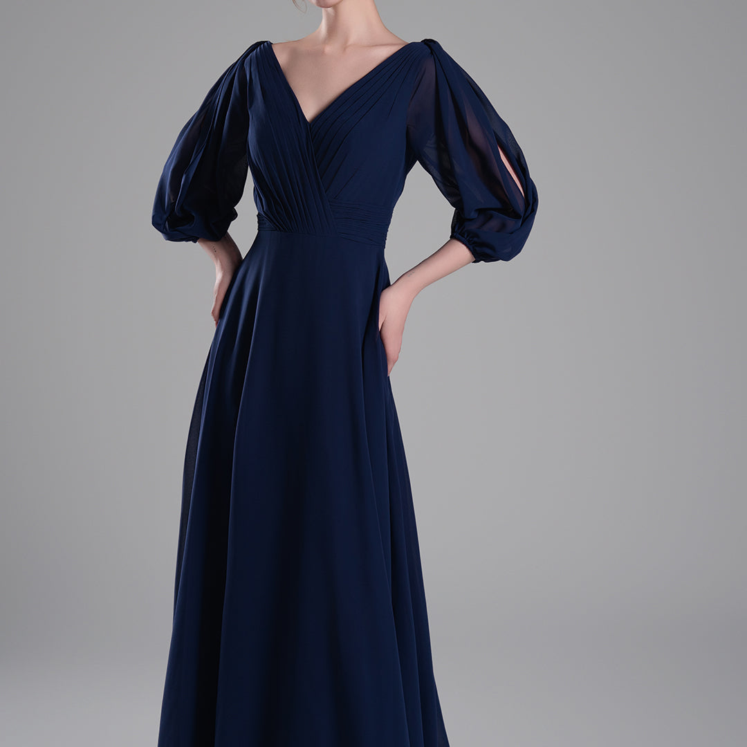 V-Neck Puffy Sleeves Pleated A-Line Dresses