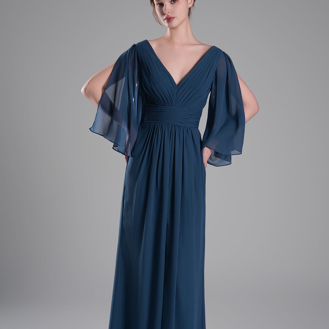 Flowing Chiffon Sleeves Ruched Waistline Slit Dresses