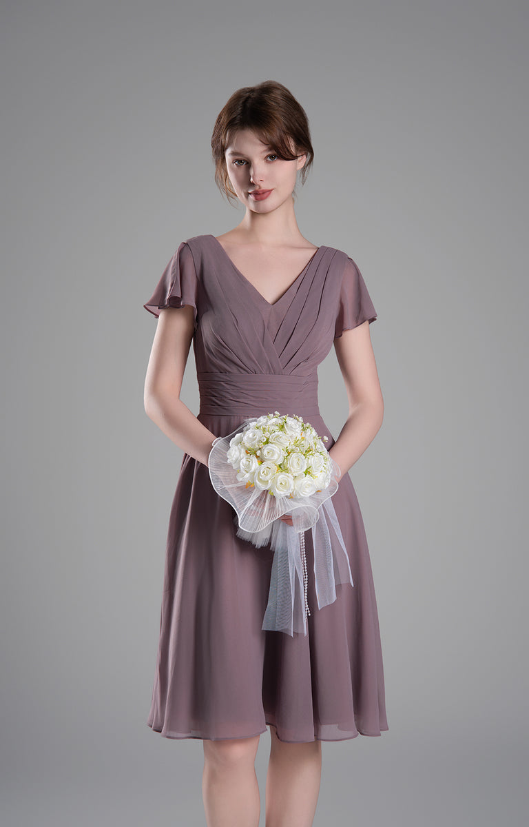 Flutter Sleeves Pleated V-neck Chiffon A-line Dress Lemon main image 1