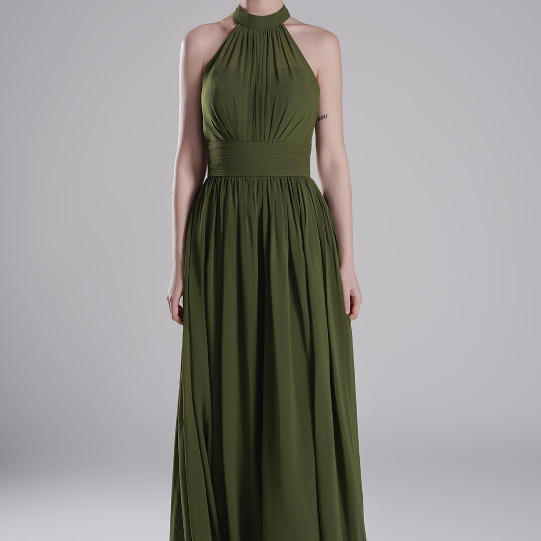 Halter Neckline Pleated Bodice Open Back A-Line Dresses