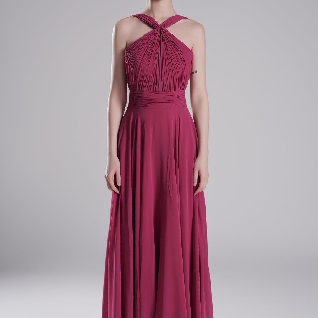 Halter Neck Cross Straps Pleated Waist A-Line Dresses