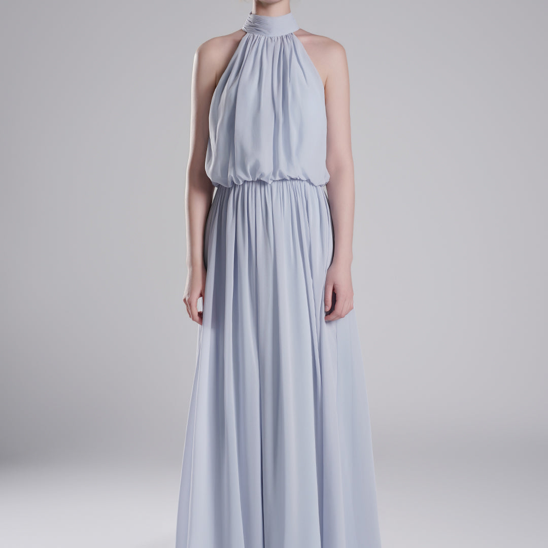 High Halter Neck Pleated Flowing A-Line Dresses