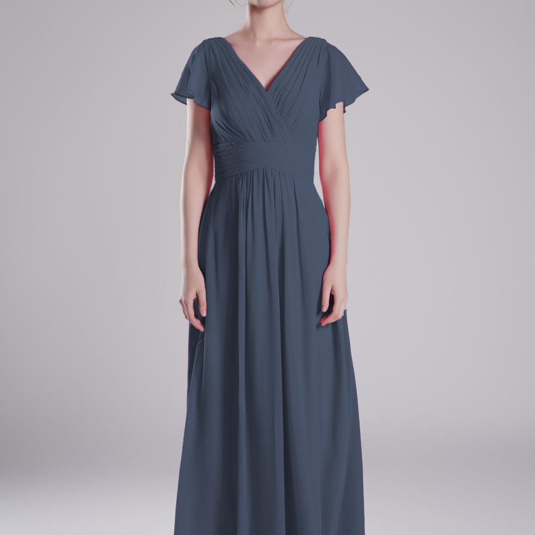 Pleated V-Neck Flutter Sleeves Flowy A-Line Dresses