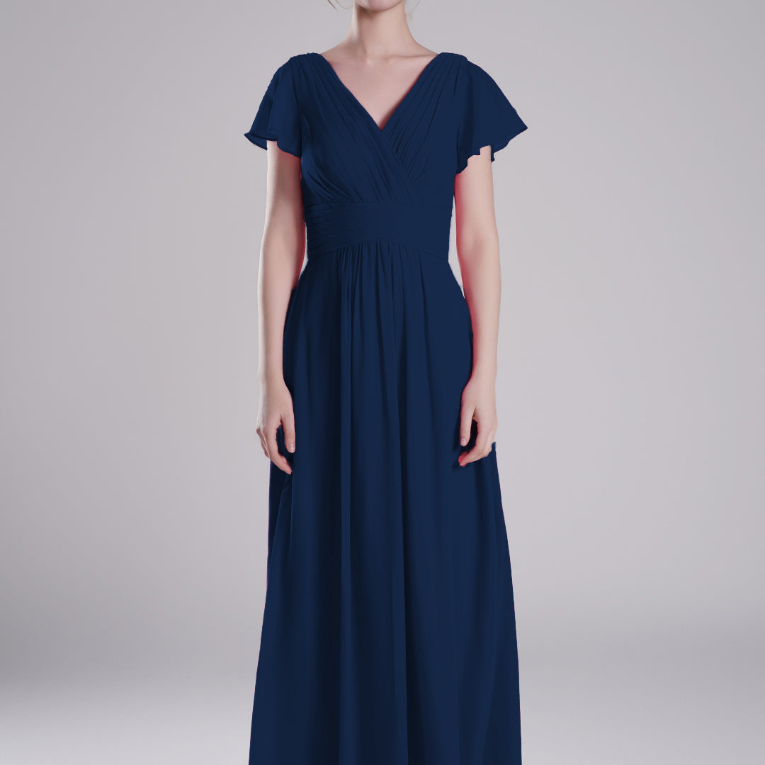 Pleated V-Neck Flutter Sleeves Flowy A-Line Dresses