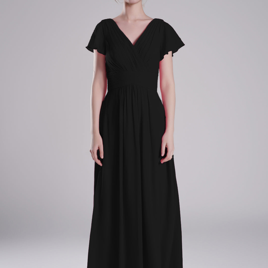 Pleated V-Neck Flutter Sleeves Flowy A-Line Dresses