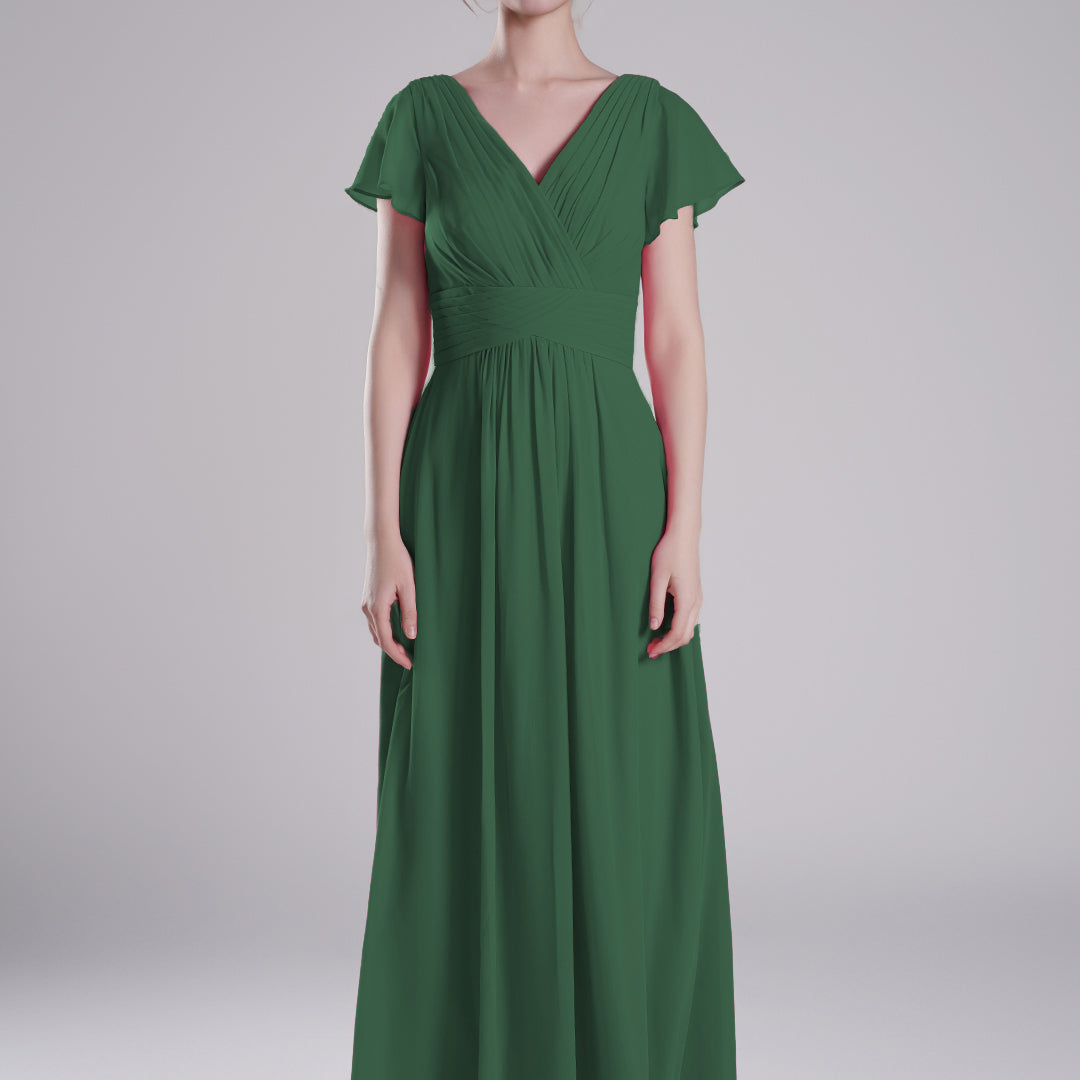 Pleated V-Neck Flutter Sleeves Flowy A-Line Dresses