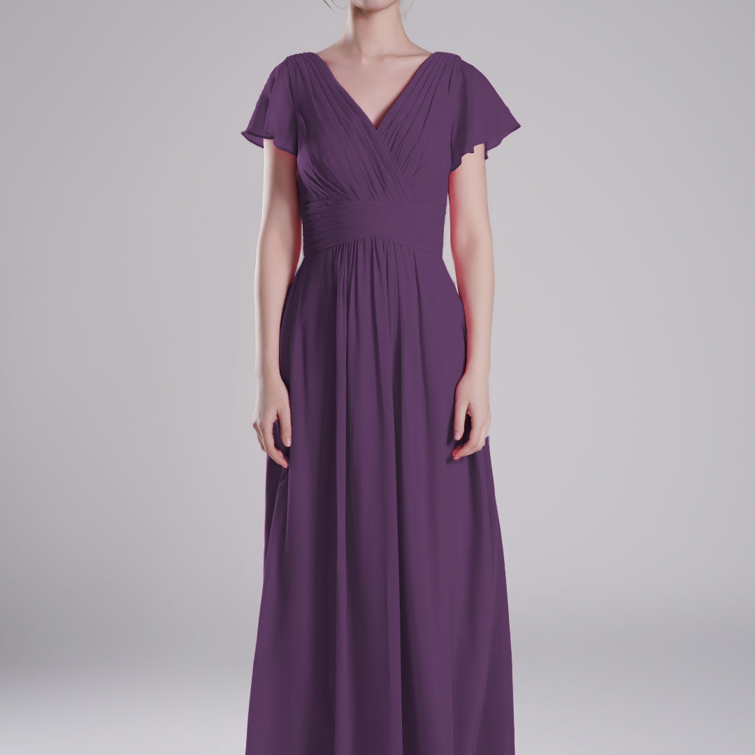 Pleated V-Neck Flutter Sleeves Flowy A-Line Dresses