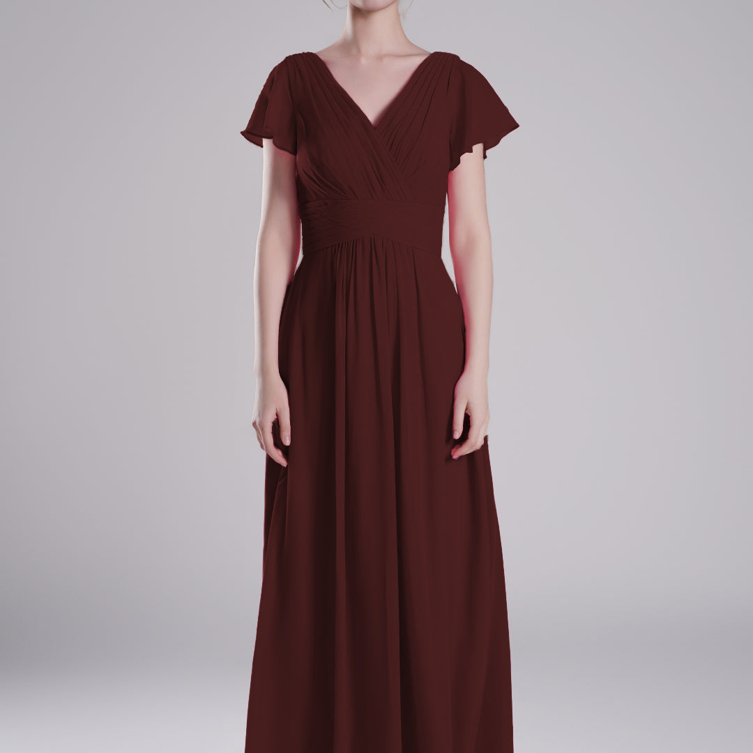 Pleated V-Neck Flutter Sleeves Flowy A-Line Dresses