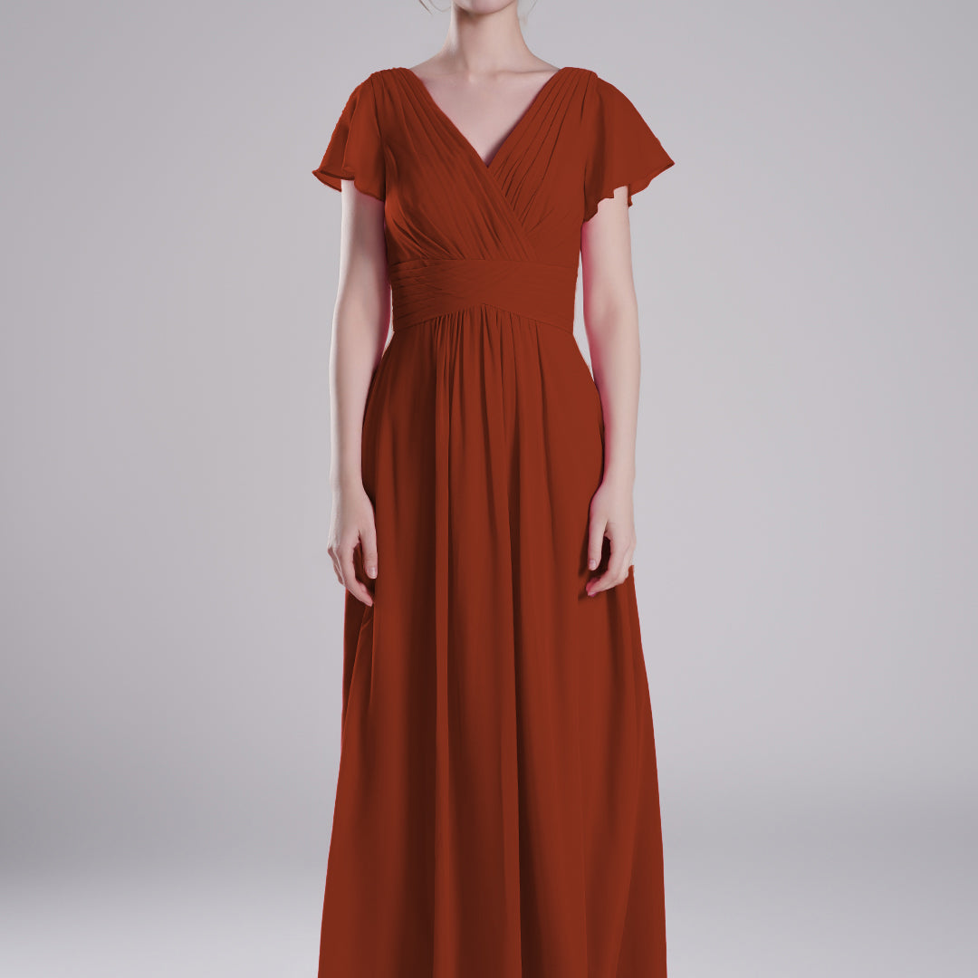 Pleated V-Neck Flutter Sleeves Flowy A-Line Dresses