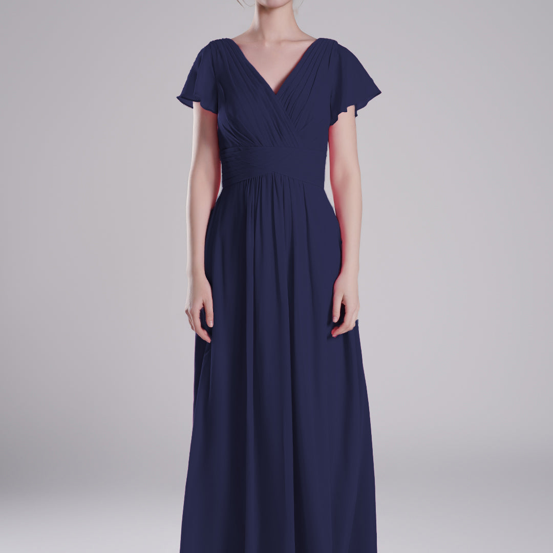 Pleated V-Neck Flutter Sleeves Flowy A-Line Dresses