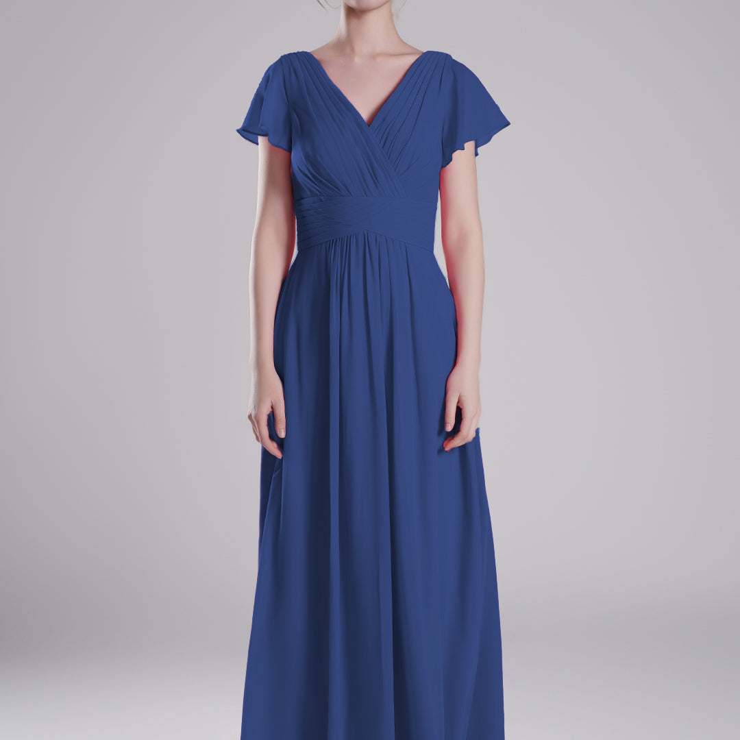 Pleated V-Neck Flutter Sleeves Flowy A-Line Dresses