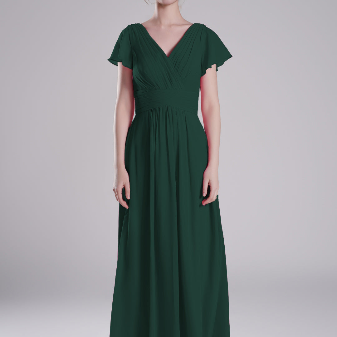 Pleated V-Neck Flutter Sleeves Flowy A-Line Dresses