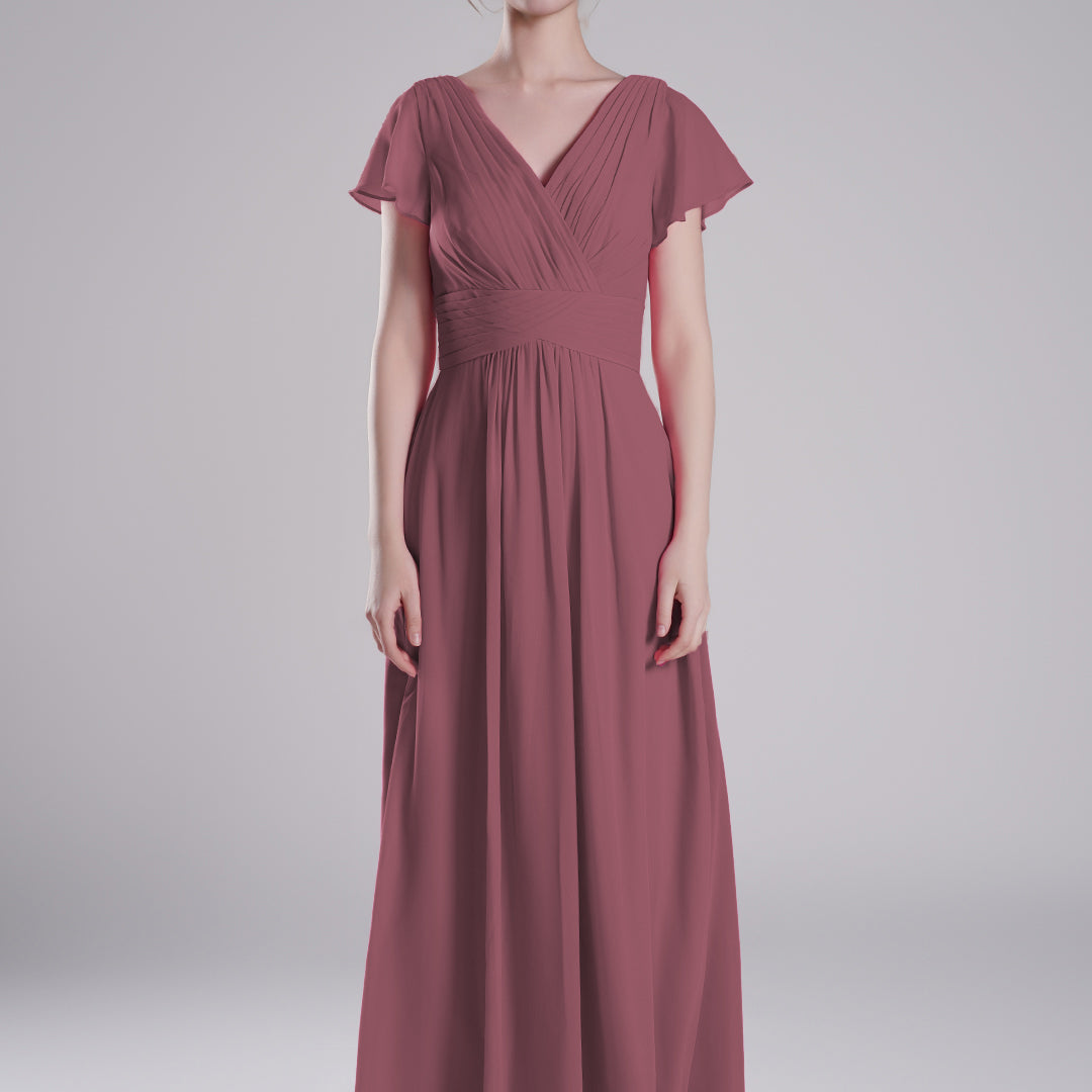 Pleated V-Neck Flutter Sleeves Flowy A-Line Dresses
