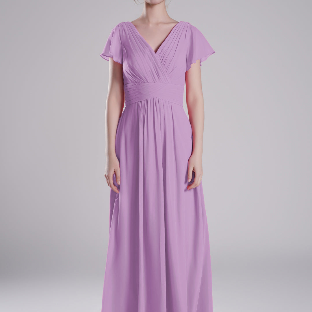 Pleated V-Neck Flutter Sleeves Flowy A-Line Dresses