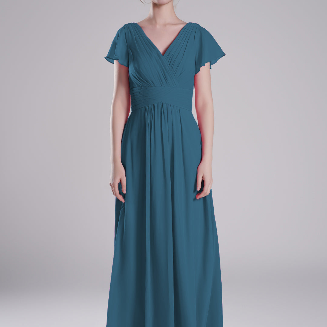 Pleated V-Neck Flutter Sleeves Flowy A-Line Dresses