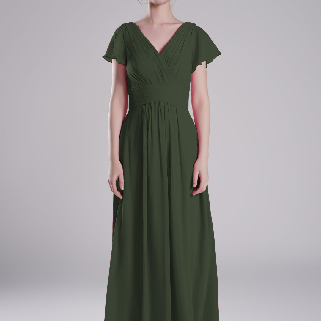 Pleated V-Neck Flutter Sleeves Flowy A-Line Dresses