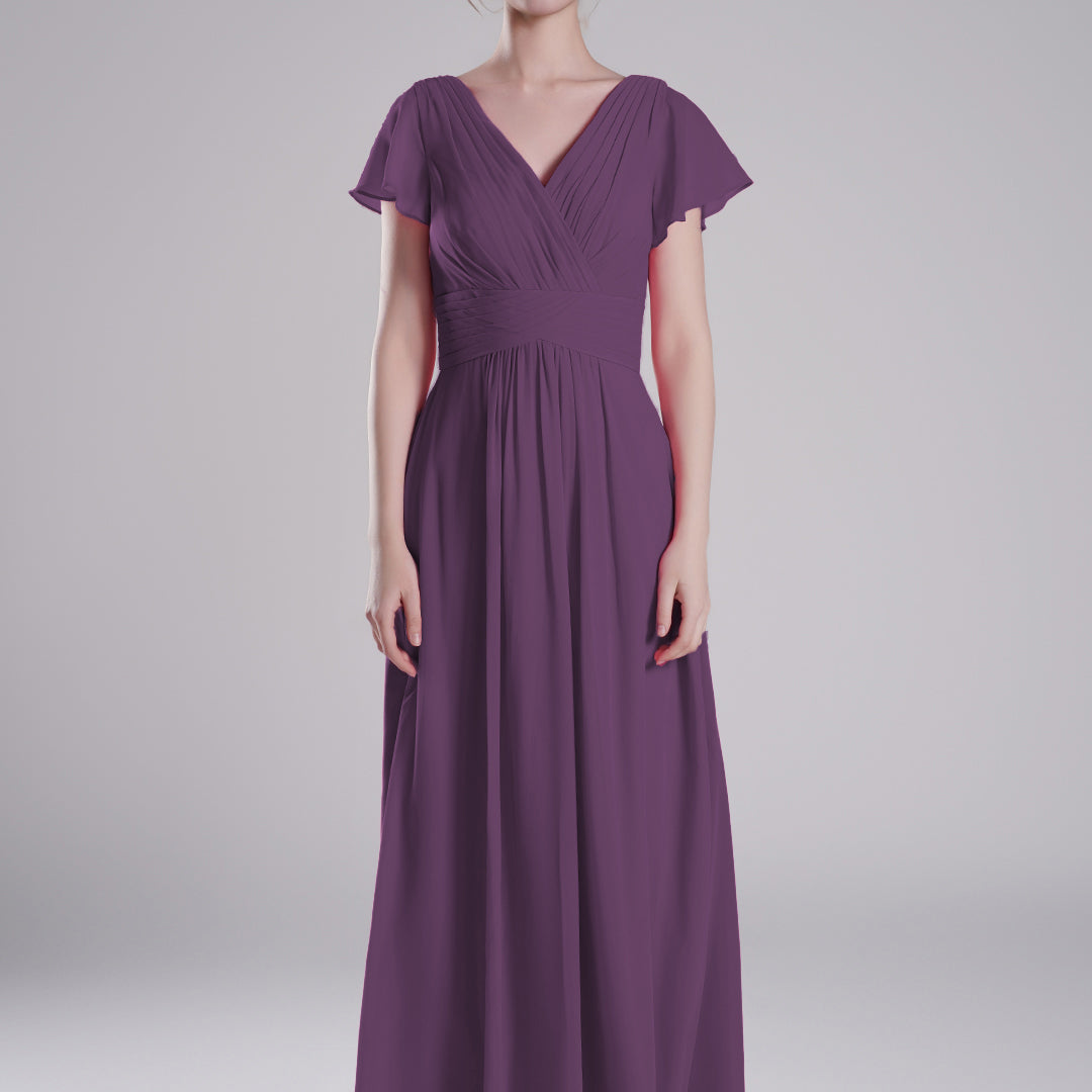 Pleated V-Neck Flutter Sleeves Flowy A-Line Dresses