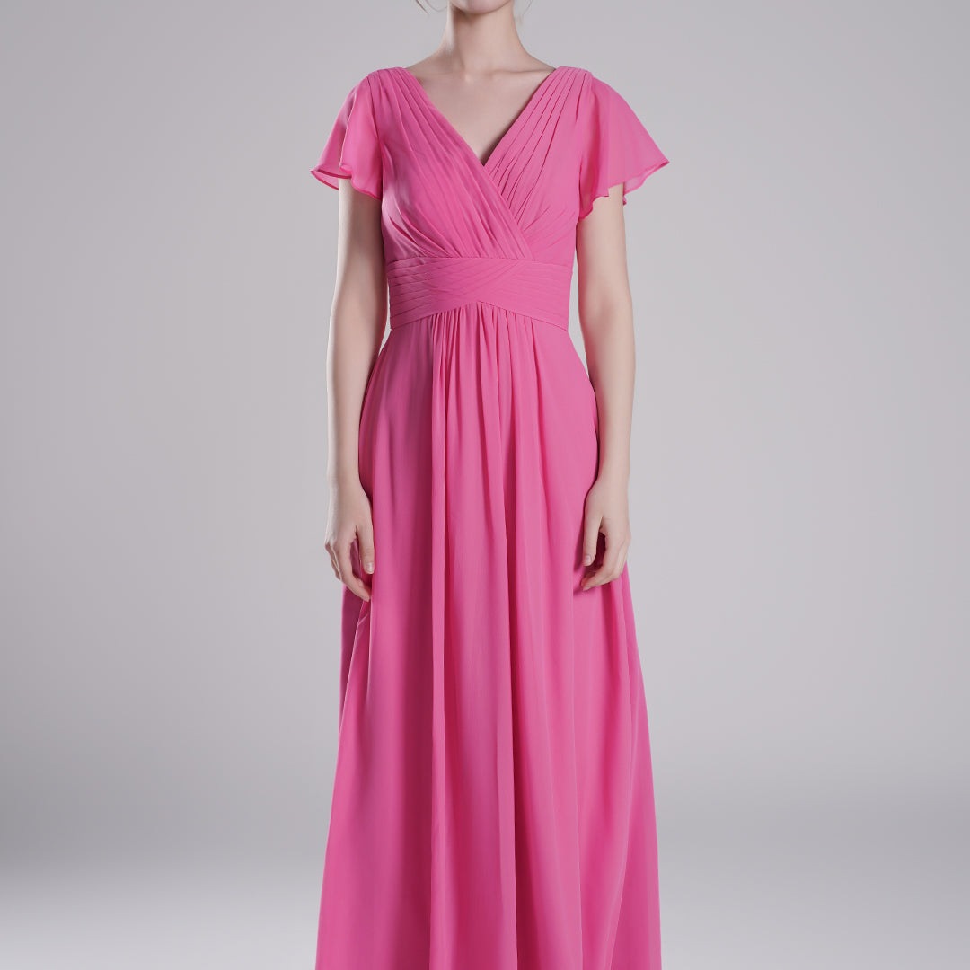 Pleated V-Neck Flutter Sleeves Flowy A-Line Dresses