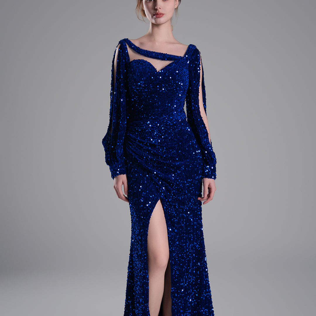 Sweetheart Split Sleeves Shimmering Sequins Mermaid Maxi Dresses