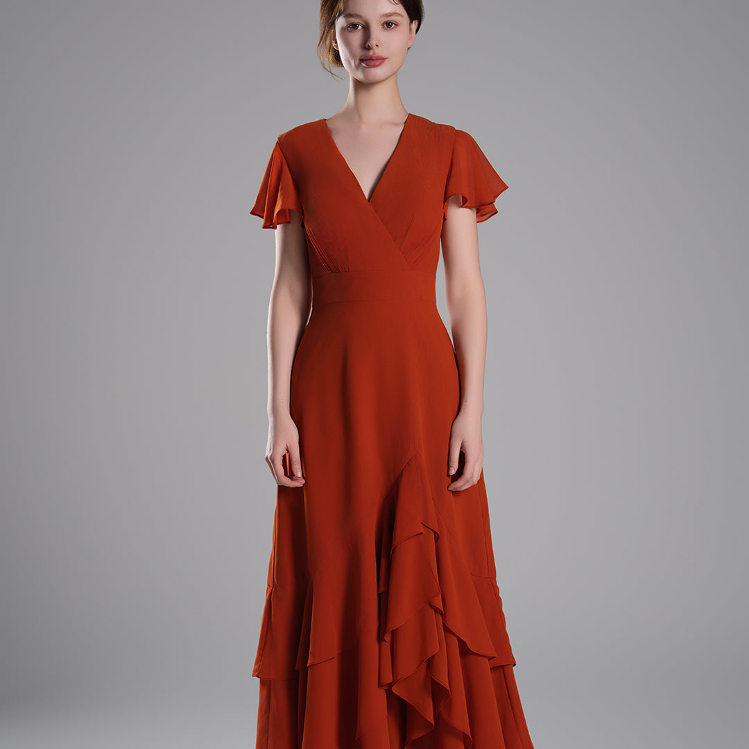V-Neck Flutter Sleeves Asymmetrical Hemline Dresses