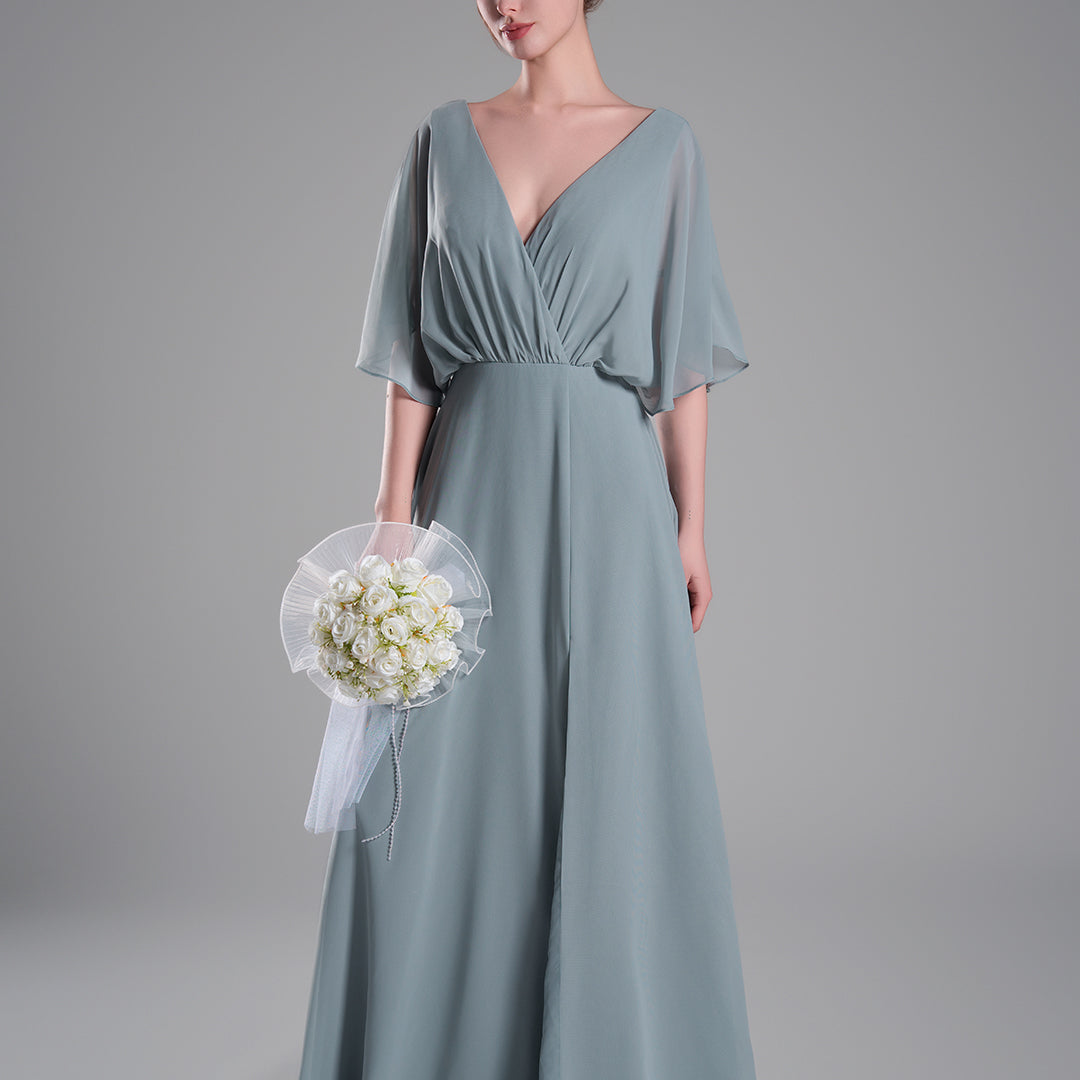 Draped Sleeves High Slit Backless Dresses