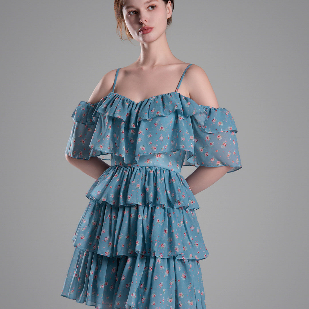 Off Shoulder Tiered Ruffles Floral MinI Dresses