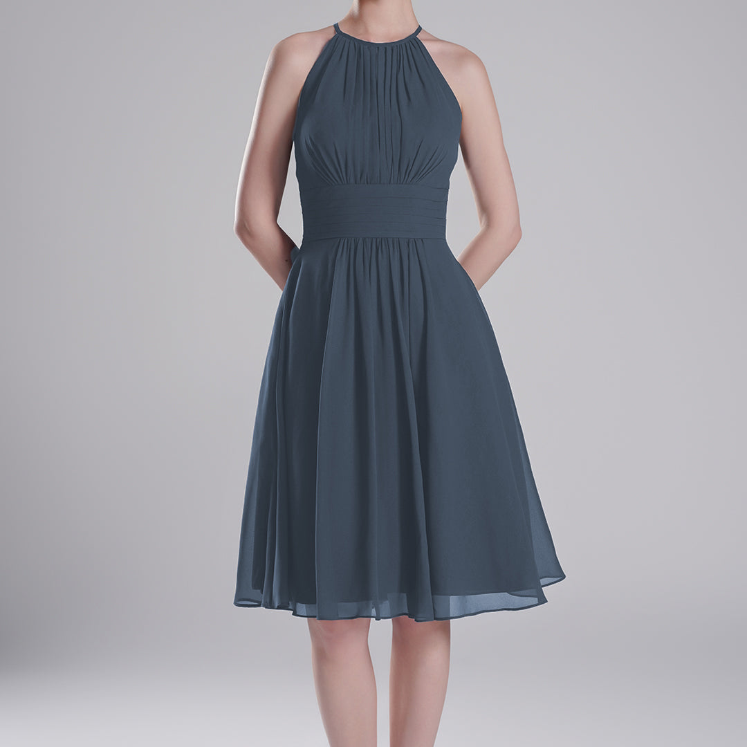 Halter Neck Pleated Bodice Flared Dresses