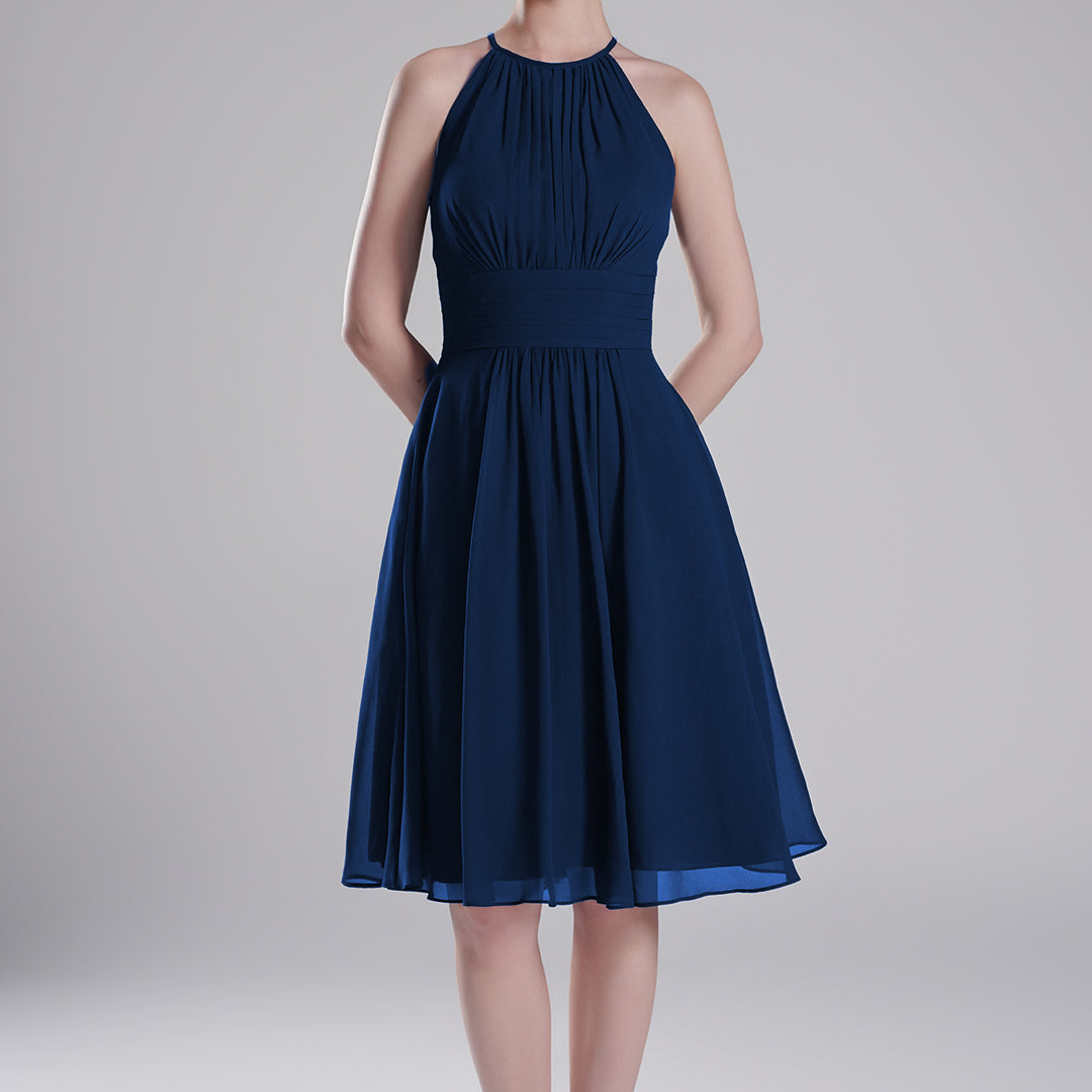 Halter Neck Pleated Bodice Flared Dresses