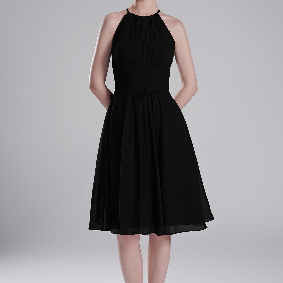 Halter Neck Pleated Bodice Flared Dresses