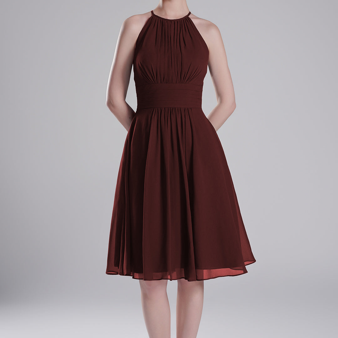 Halter Neck Pleated Bodice Flared Dresses