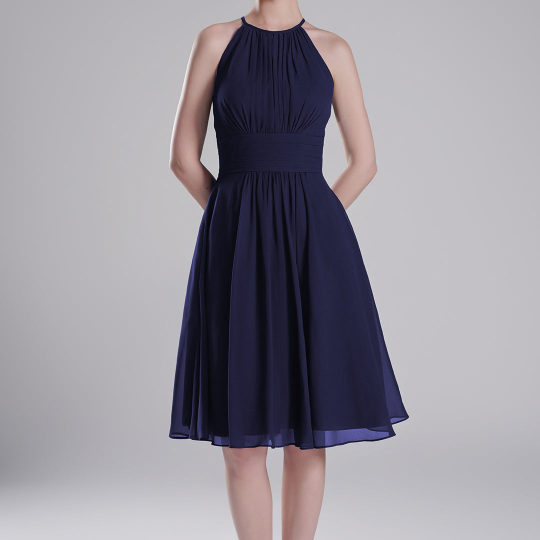 Halter Neck Pleated Bodice Flared Dresses