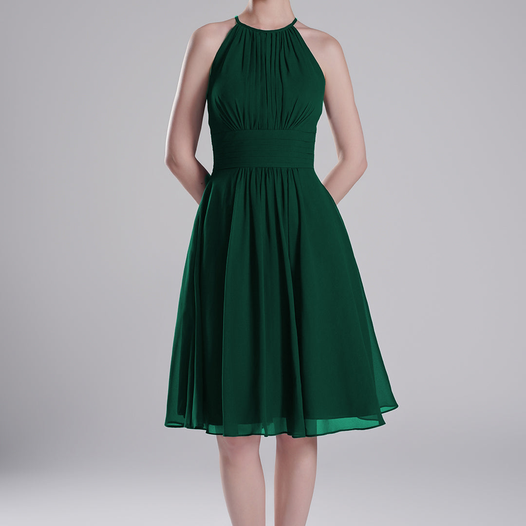 Halter Neck Pleated Bodice Flared Dresses