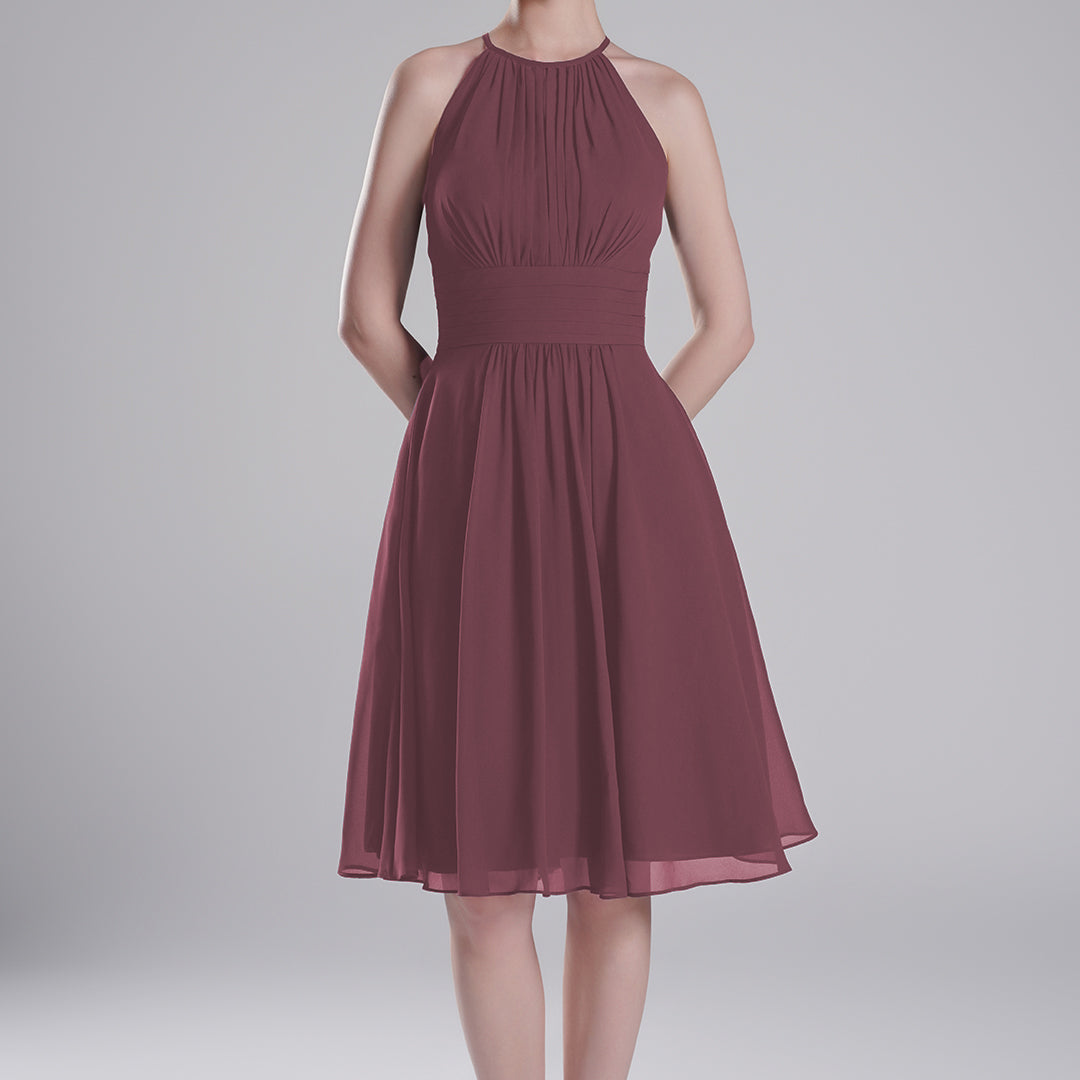 Halter Neck Pleated Bodice Flared Dresses