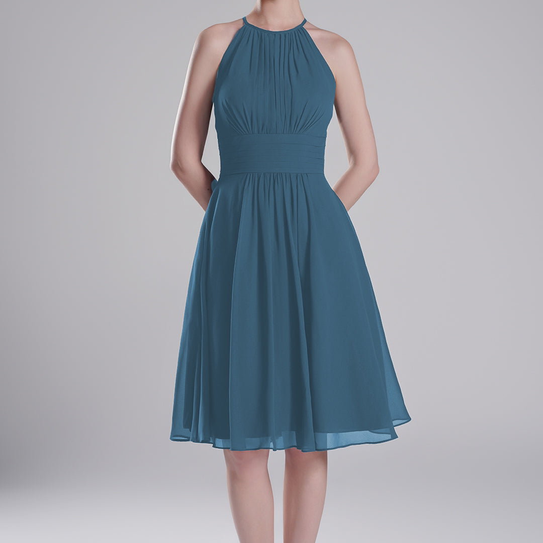 Halter Neck Pleated Bodice Flared Dresses
