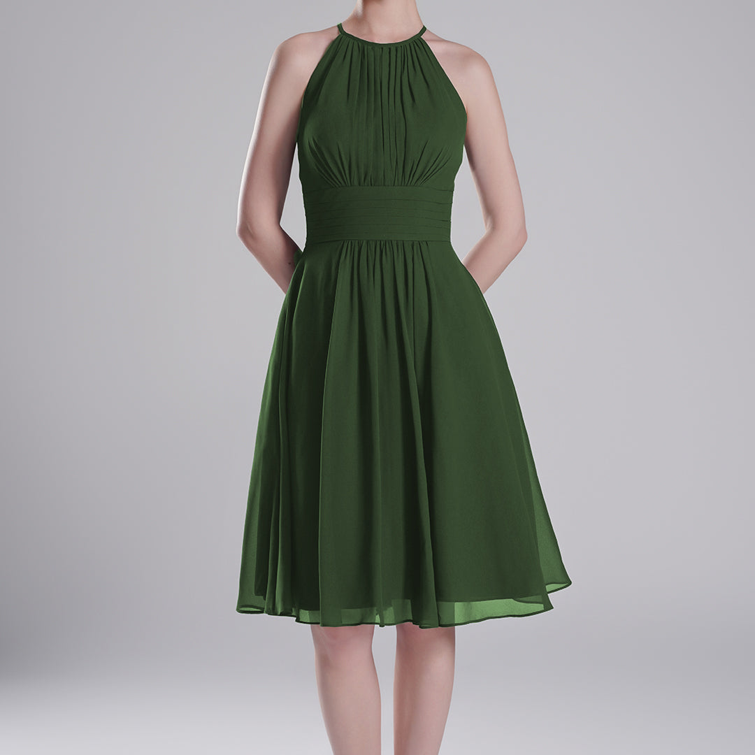 Halter Neck Pleated Bodice Flared Dresses
