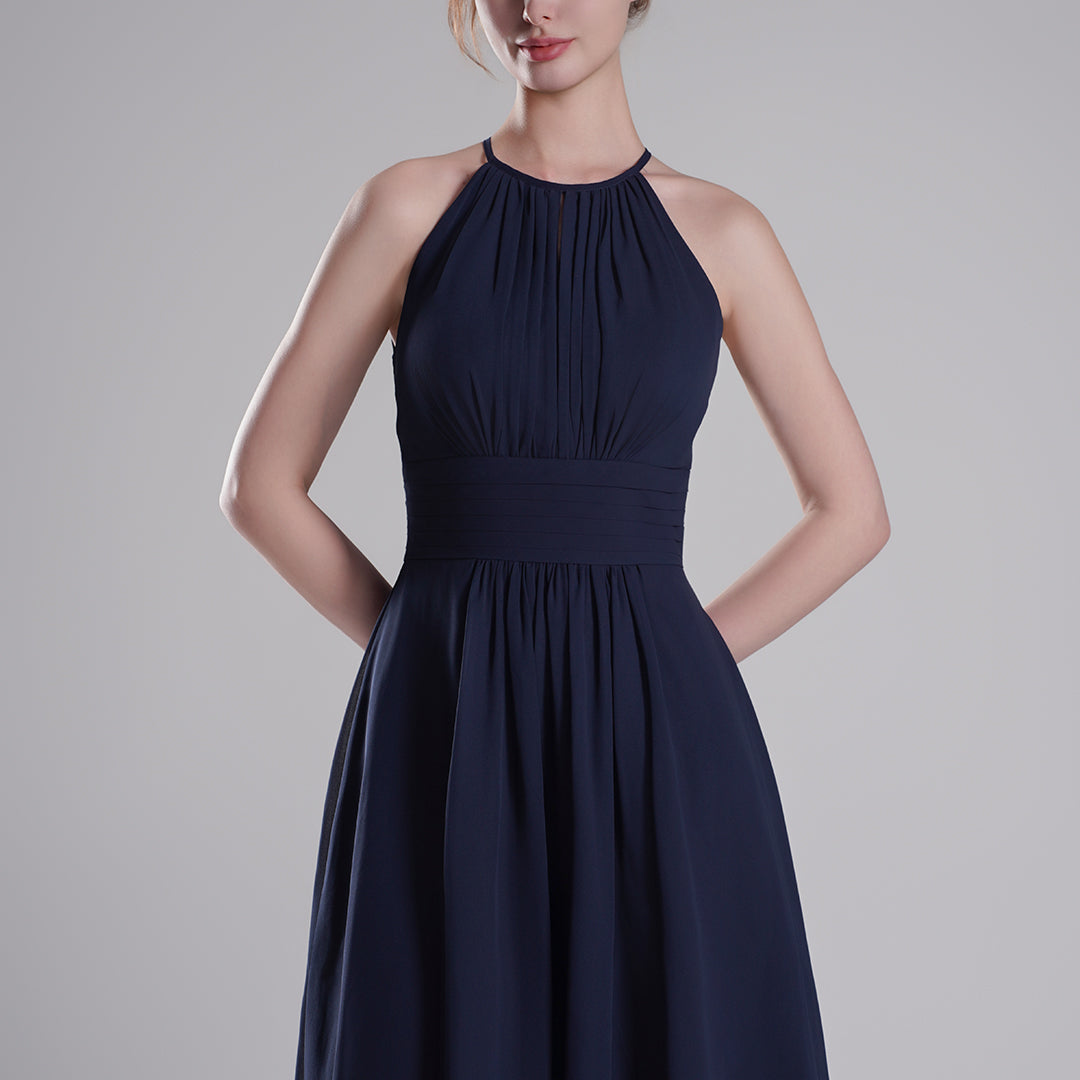 Halter Neck Pleated Bodice Flared Dresses