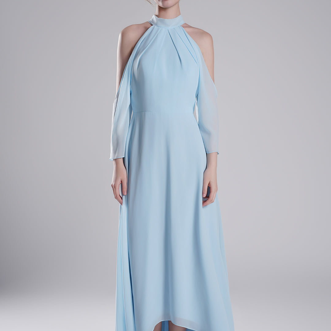Back Tie Halter Neckline Tulle Long Sleeve Dresses